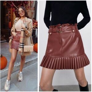 ZARA Faux Leather Belted Pleated Skirt Brown XS